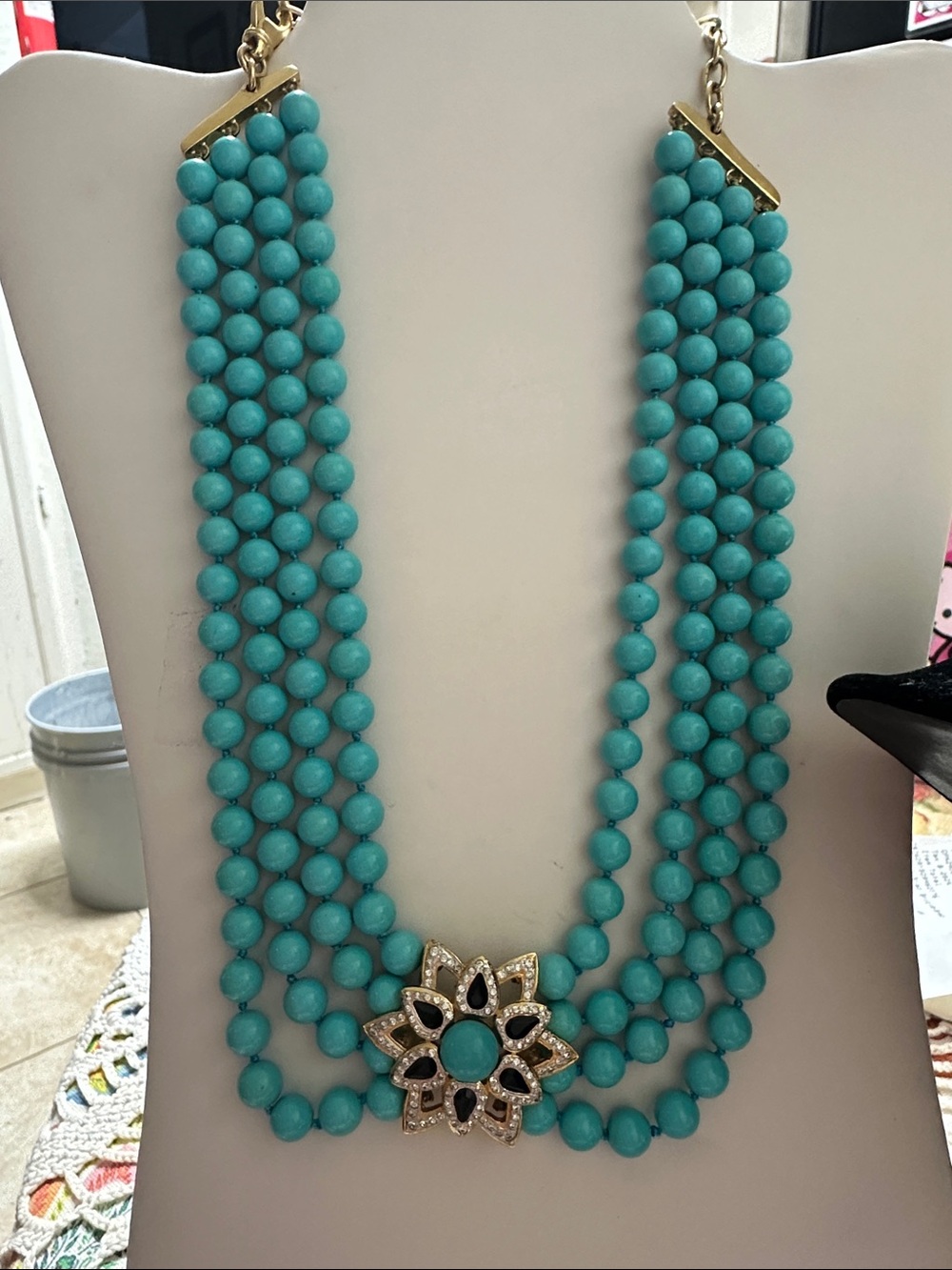 Turquoise Multi-Strand Beaded Necklace with Floral Crystal Accent - Picture 8 of 9